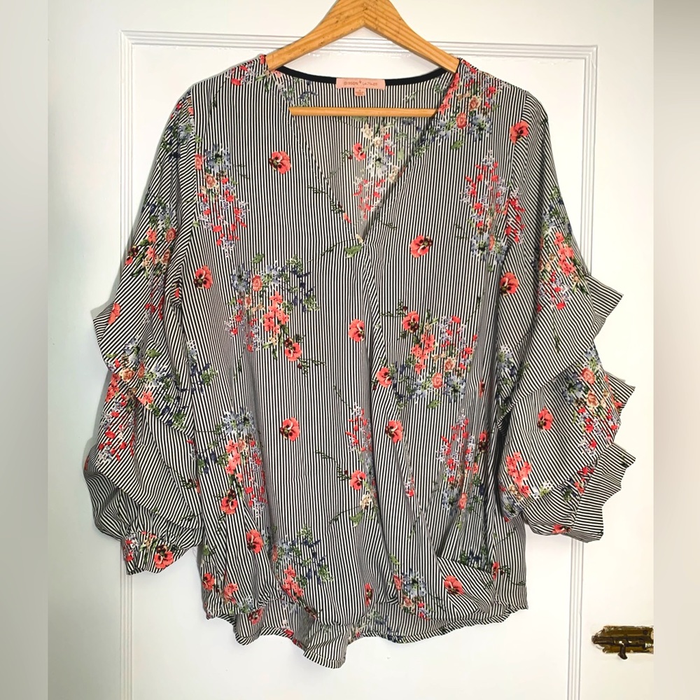Gibson Latimer Top w/ black and white stripes and floral details